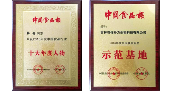 佐丹力集团及董事长韩丹荣获“2016年度中国食品安全示范基地”及“2016年度中国食品行业十大年度人物”荣誉称号